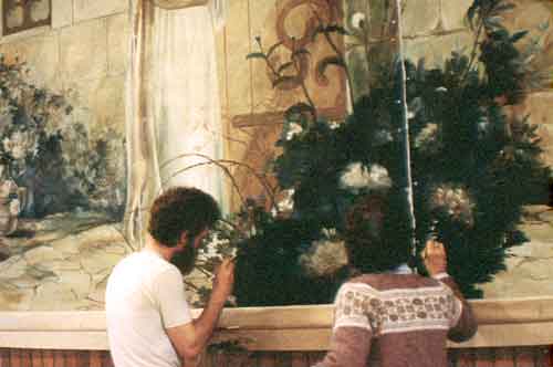 Art Zoller Wagner and Honnie Wagner restoring a painting by Emilio Fernndez, Christ Knocking at Heart's Door